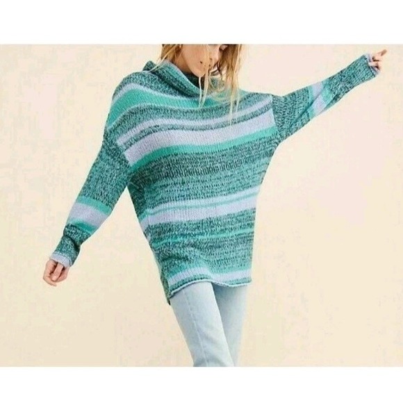 Free People Blue Candy Stripe‎ Cowl Neck Wool Alpaca Tunic Sweater Size Medium - Picture 3 of 14